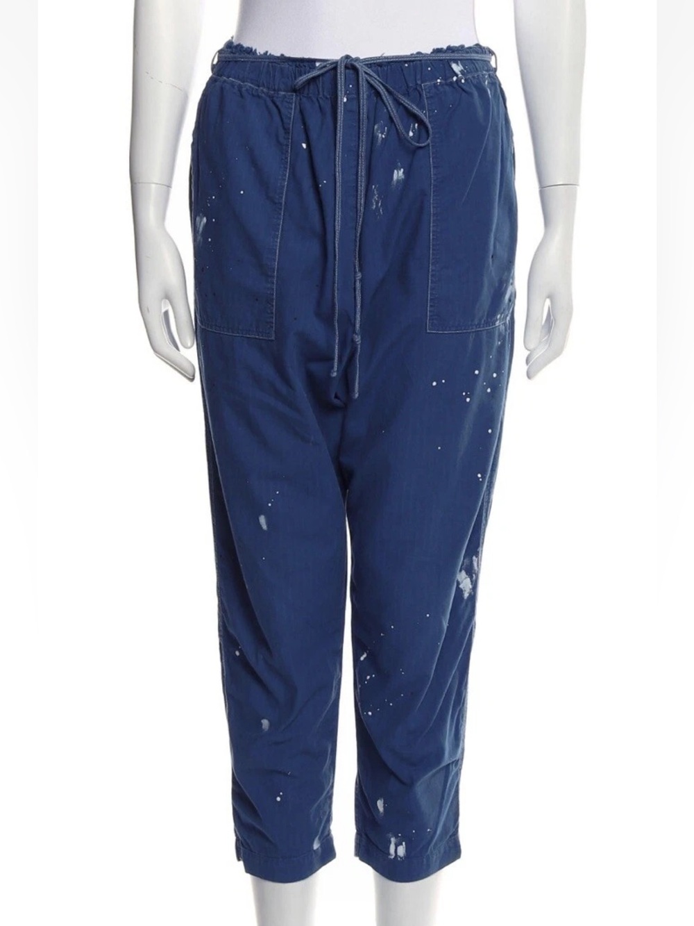 Raquel Allegra Navy Blue Cropped Drawstring Pants with Paint-Splatter sz 0